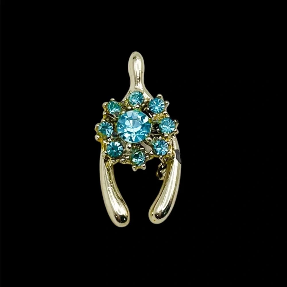 Darling Dainty Vintage Blue Rhinestone Wishbone Brooch Petite Estate Pc